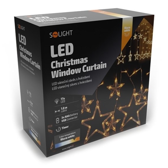 Vánoční osvětlení Solight závěs - hvězdy, šíře 1,8m, 77LED, IP20, 3xAA, USB