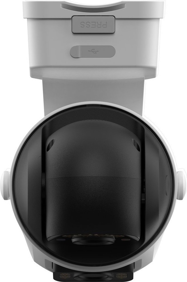Detail spodní strany IP kamery Imou AOV Dual ukazuje otočný kamerový modul uvnitř černého krytu. Nahoře je vidět montážní část s tlačítkem „PRESS“ a krytkou USB. Dole jsou částečně vidět oba objektivy a přisvětlovací LED diody.