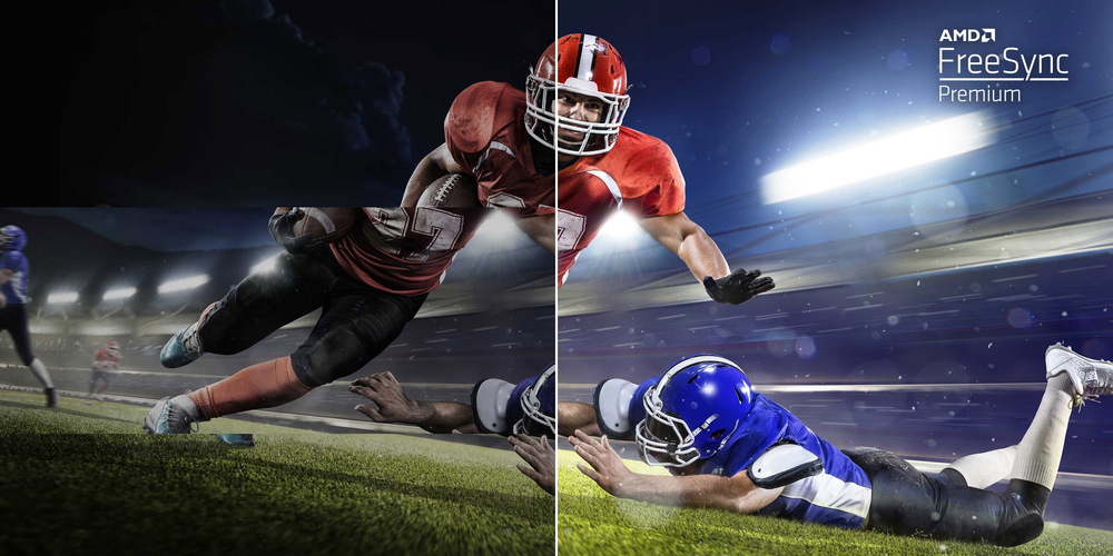Herní monitor Acer Nitro VG270P6bmipx černý Fotbalisté na stadionu zachycení uprostřed akce. Scéna je rozdělena na dvě poloviny; levá strana je tmavá, zatímco pravá strana je živá a jasná, což ilustruje vliv technologie AMD FreeSync Premium.
