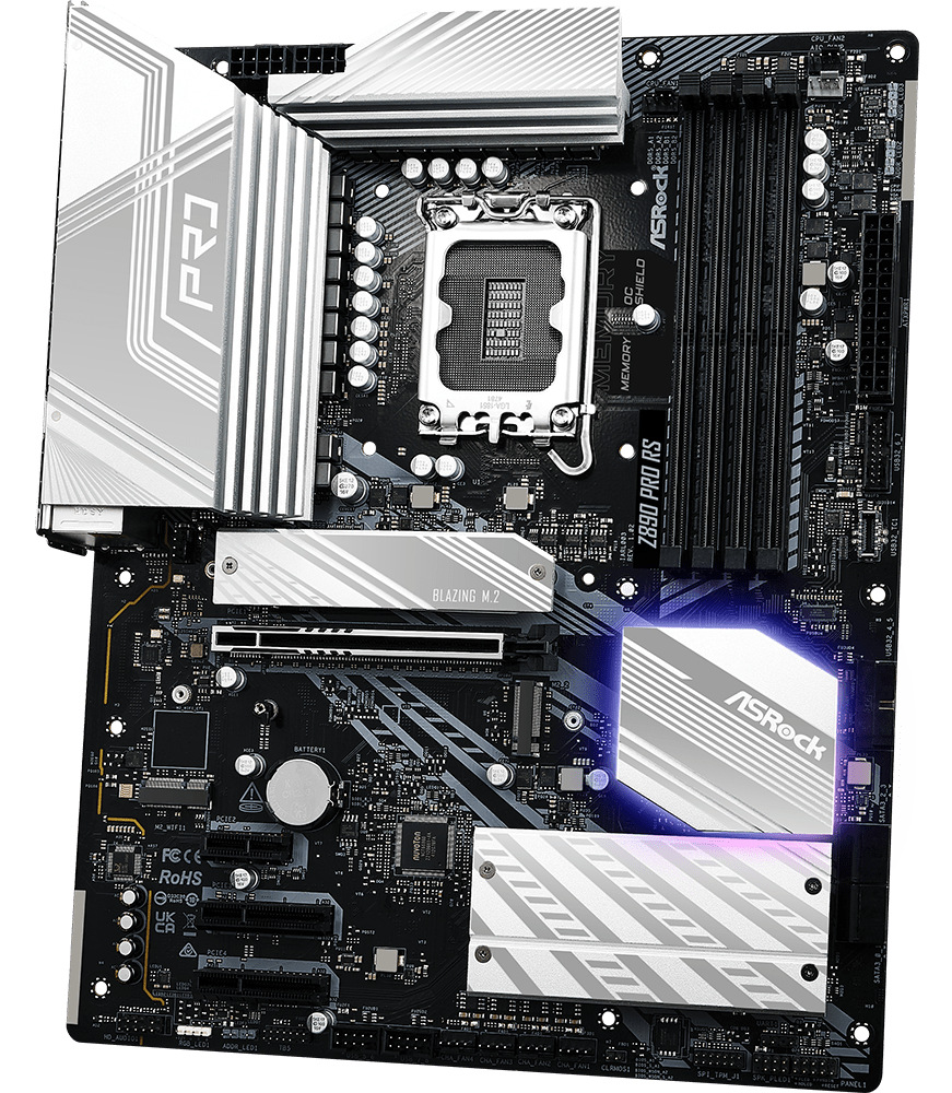 Základní deska ASRock Z890 PRO RS Základní deska ASRock Z890 PRO RS s paticí Intel LGA1851, čtyřmi DDR5 sloty, masivními pasivy VRM, chladiči M.2 a PCIe x16 sloty