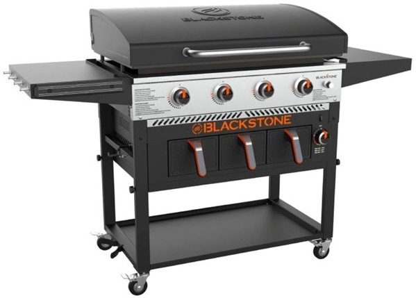 Blackstone 36" griddle se 4 hořáky, bočními stolky a spodní policí, černá barva.