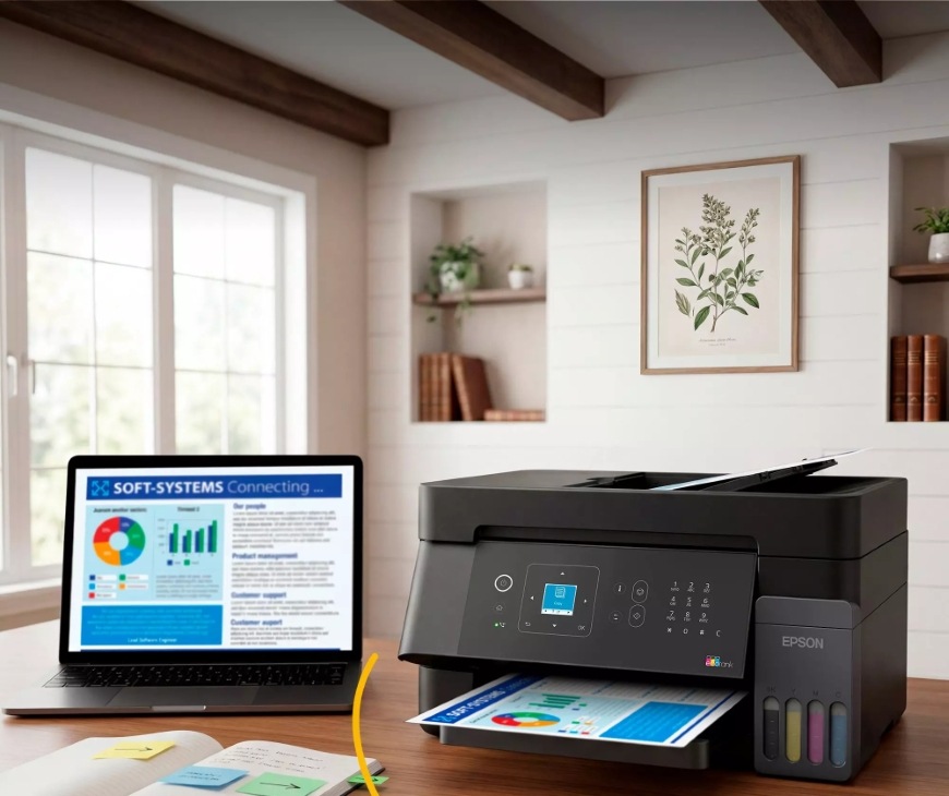 Pracovna s kompaktní tiskárnou Epson EcoTank L5396 umístěnou na stole vedle notebooku