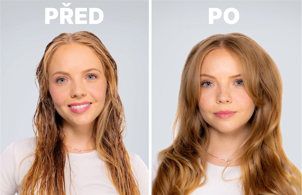 Srovnávací fotografie ženy před a po úpravě vlasů – vlevo má mokré rovné vlasy, vpravo suché vlasy s větším objemem a výraznými vlnami kolem obličeje