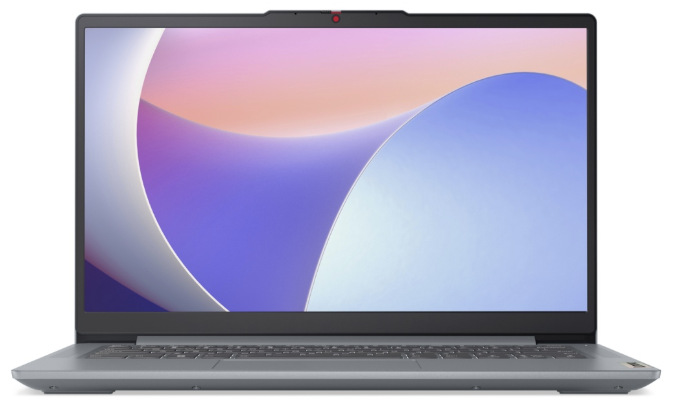 Čelní pohled na otevřený notebook Lenovo IdeaPad Slim 3 14AMN8 se zapnutým displejem