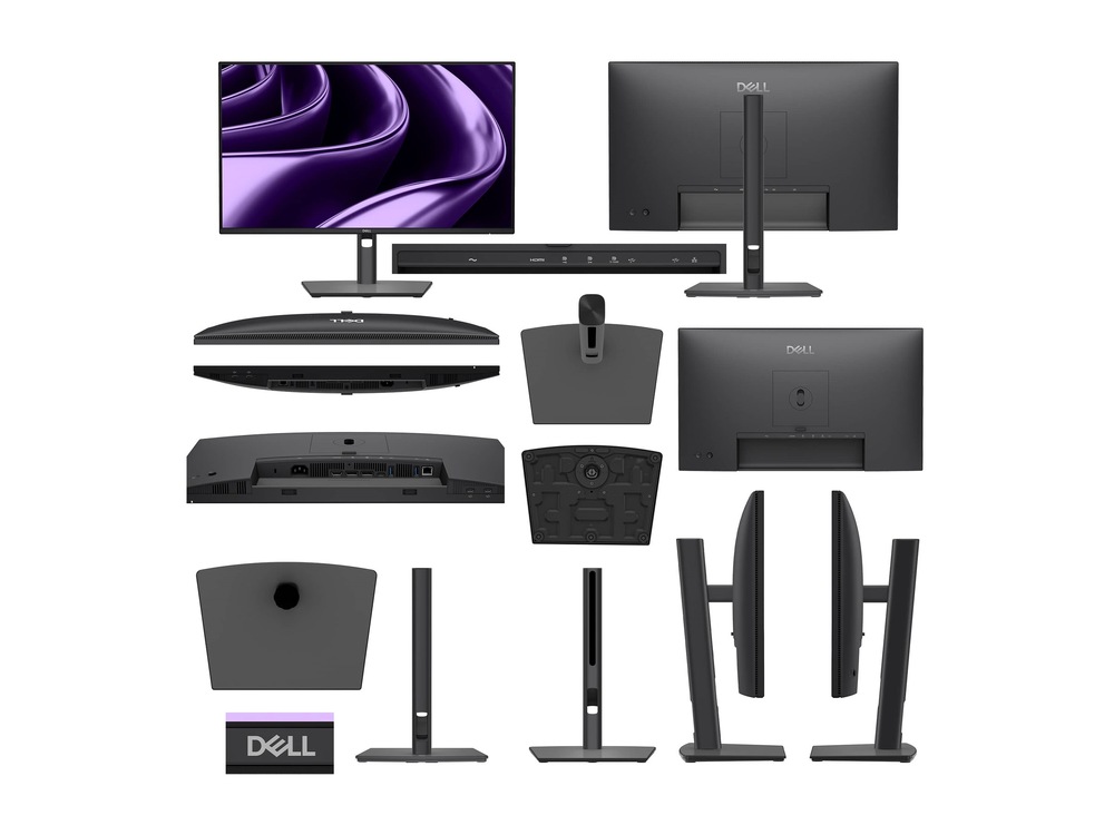 Monitor Dell Pro P 24 P2426HE šedý Koláž monitoru Dell Pro P 24 P2426HE zepředu, zezadu, shora, zespodu a z boků. Detailně ukazuje stojan, konstrukci a konektory HDMI, DisplayPort, USB-C, USB-A a RJ45.