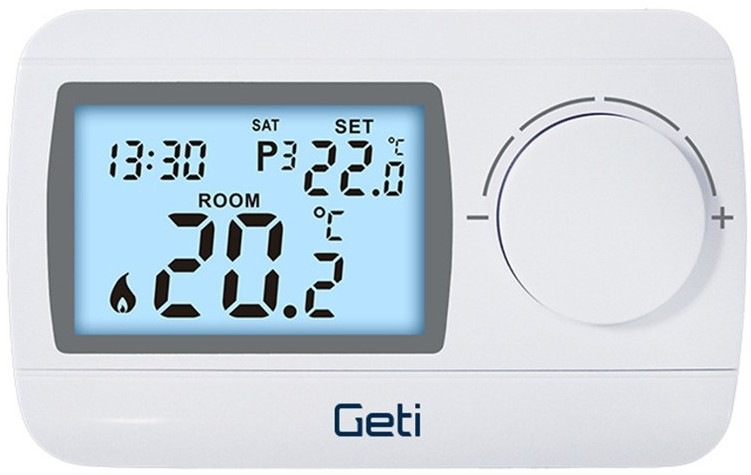 Termostat Geti GRT04, drátový programovatelný 7denní - bílý