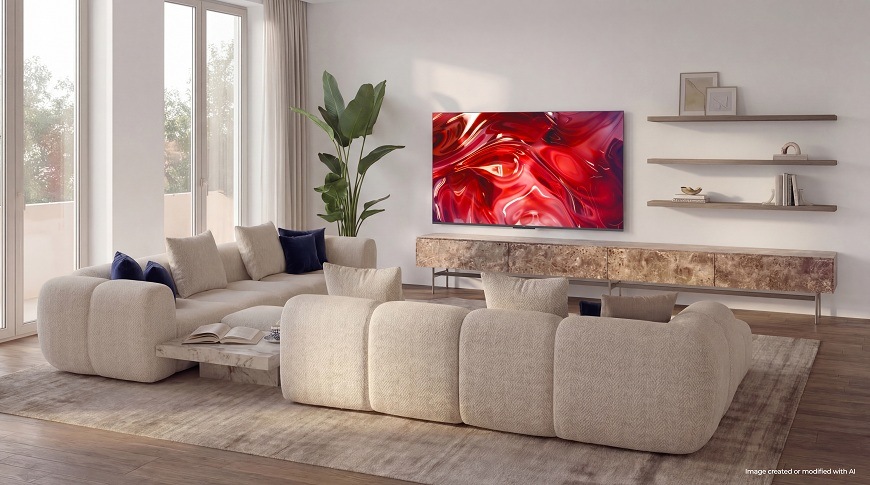 Televize Haier H50S85GUX v obýváku s obrazem červené struktury