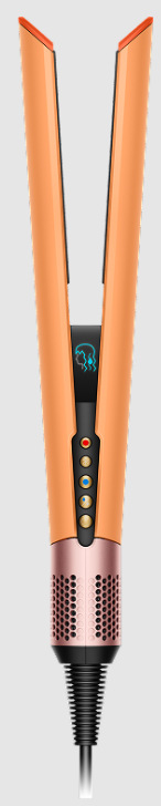 Žehlička na vlasy Dyson Airstrait HT01 ceramic apricot/topaz Přední pohled na žehličku Dyson Airstrait HT01 s LCD displejem