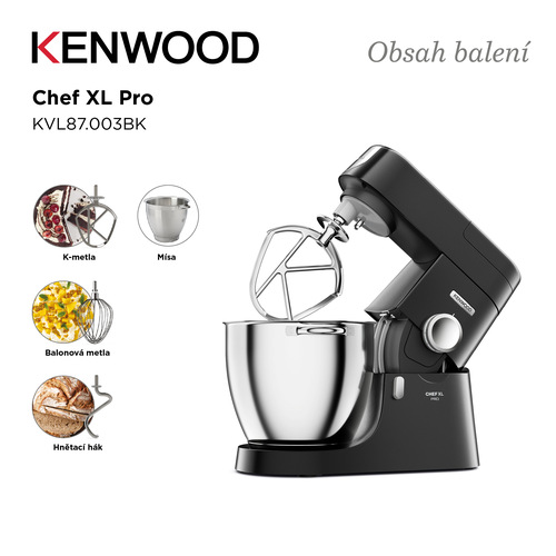 Obsah balení zobrazuje černý kuchyňský robot Kenwood Chef XL Pro spolu s příslušenstvím, které zahrnuje nerezovou mísu, K-metlu, balónovou metlu a hnětací hák.