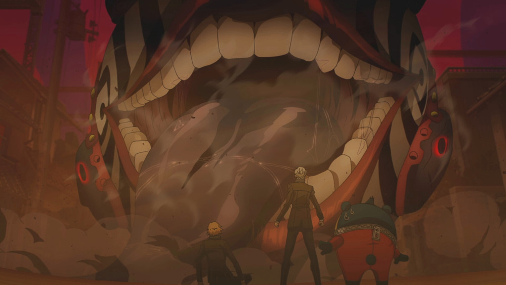 Dvě postavy stojí před obrovskou tlamou vrčícího monstra s ostrými zuby, červenýma očima a kouřovou temnotou, což navozuje děsivou atmosféru anime hororu.