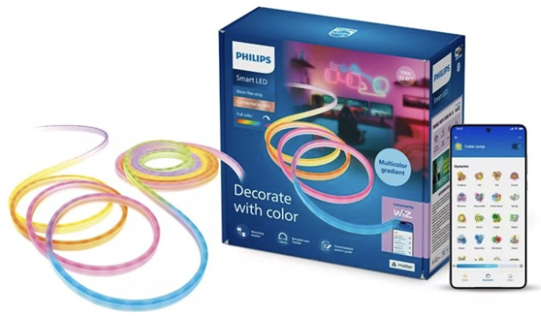 LED pásek Philips Smart LED Neon RGBIC LED strip 10m Type-C, balení a telefon s aplikací WiZ