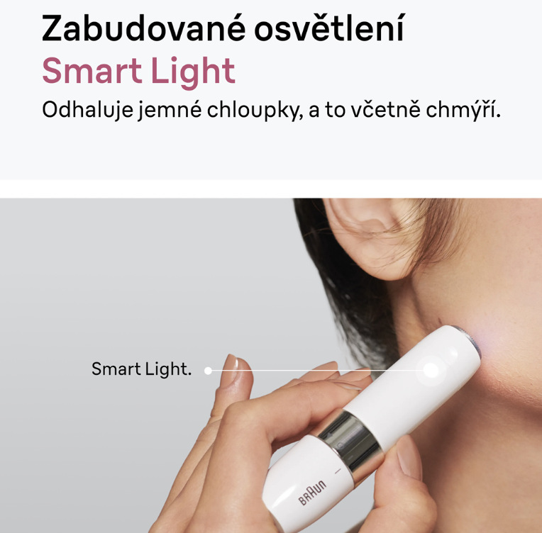 Osvětlení Smart Light depilátoru Braun FS1000 nasvěcuje jemné chloupky na bradě