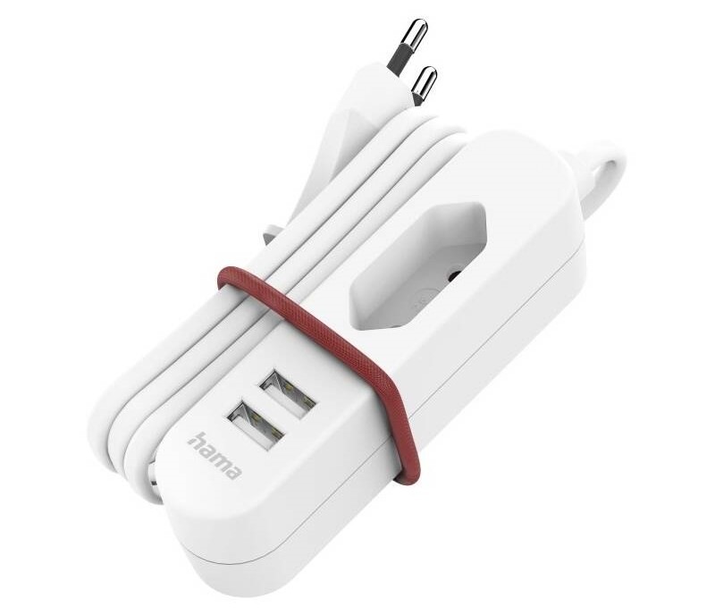 Kabel prodlužovací Hama 2x USB-A, 1x el. zásuvka Euro, 1,9 m bílý Kabel prodlužovací Hama 2x USB-A, 1x el. zásuvka Euro, 1,9 m bílý