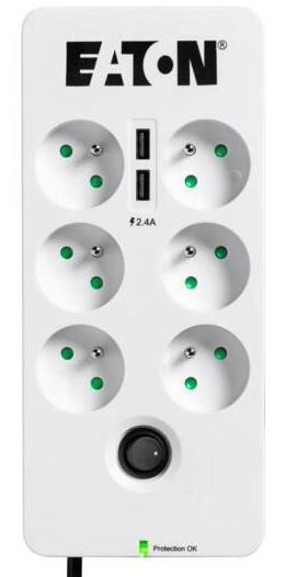 Přepěťová ochrana Eaton Protection Box 6 USB FR, 6x zásuvka, zatížení 10A, 2x USB, 1,5 m černá/bílá