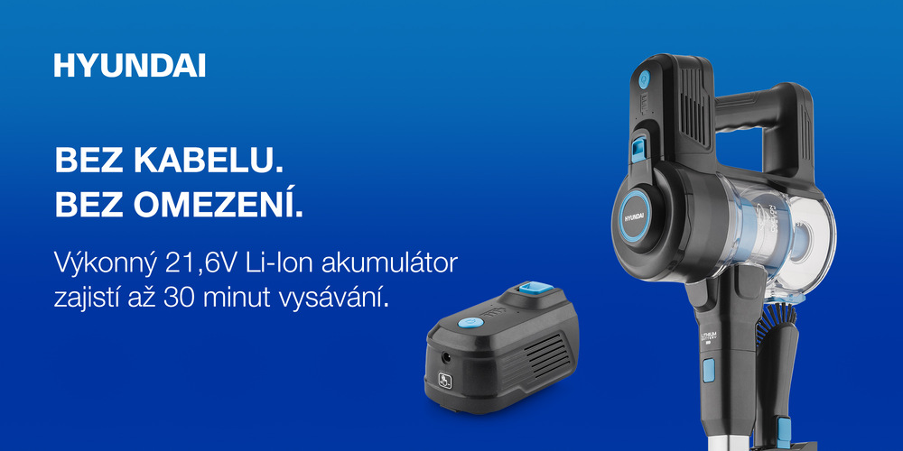 Modrý banner s tyčovým vysavačem Hyundai VC938BL a detailem akumulátoru. Text uvádí „Bez kabelu. Bez omezení.“ a specifikuje výkonný 21,6V Li-Ion akumulátor s výdrží až 30 minut vysávání.