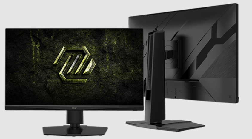 Herní monitor MSI MAG 272QPF E20 z přední a zadní strany na černém stojanu