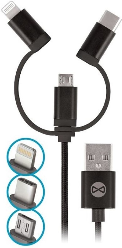 Kabel Forever 3v1, USB/Micro USB + Lightning + USB-C, 1m - černý