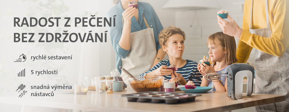Lifestylový banner s textem „Radost z pečení bez zdržování“. Na stole stojí ruční šlehač ETA Crema III, v pozadí dospělí a děti ochutnávají upečené muffiny. Ikony uvádějí 5 rychlostí a snadnou výměnu nástavců