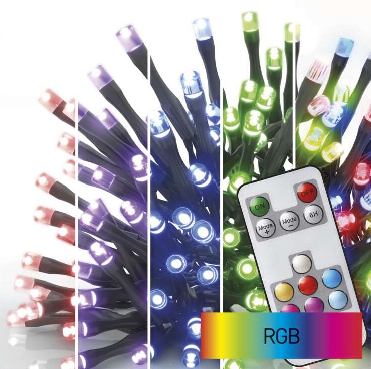 Vánoční osvětlení EMOS 160 LED řetěz, 16 m, venkovní i vnitřní, RGB, ovladač, programy, časovač