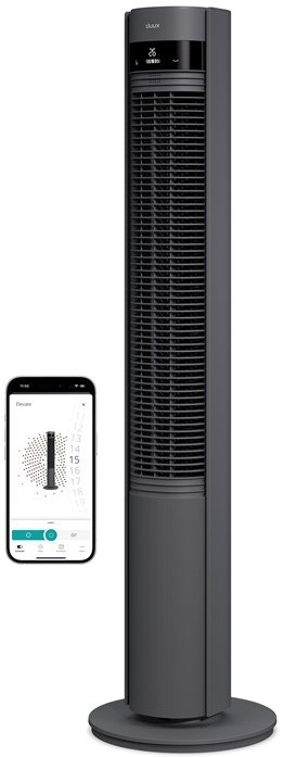 moderní sloupový ventilátor Duux Elevate Tower Smart v šedém provedení s LED displejem