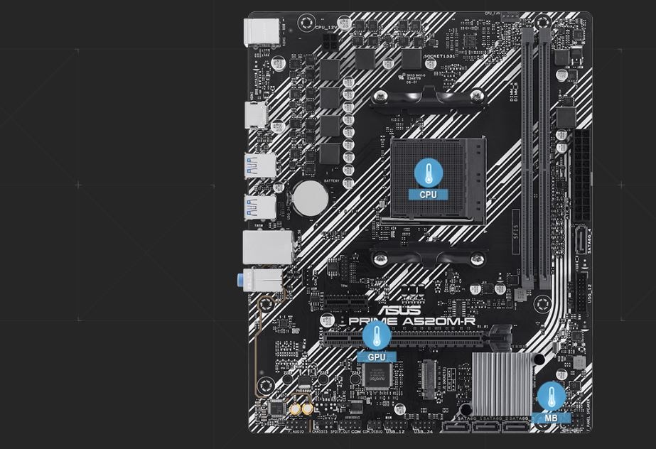 Základní deska Asus PRIME A520M-R Lifestylové foto MB Asus PRIME A520M-R na černém pozadí