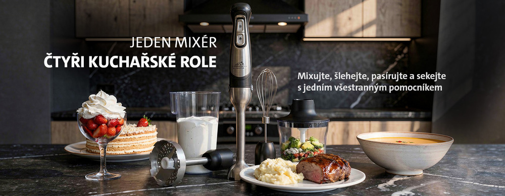 Ponorný mixér ETA Mastro 1071 94000 černý/nerez Multifunkční ponorný tyčový mixér 4v1 ETA Mastro s nástavci pro mixování, šlehání, pasírování a sekání potravin v kuchyni