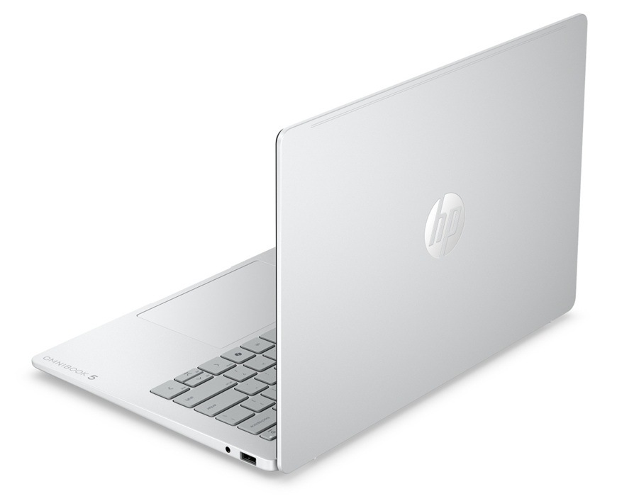 Notebook HP OmniBook 5 AI 14-hm0071ncx + Game Pass předplatné na 2 měsíce stříbrný Zadní pohled na notebook HP OmniBook 5 s logem HP na víku.
