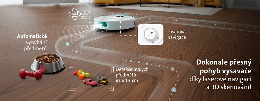 Robotický vysavač ETA Master Aqua Pro s 3D scanem rozpoznávajícím předměty od 3 cm, laserovou navigací a funkcí automatického vyhýbání při úklidu podlahy v obývacím pokoji