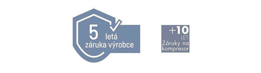Dvě loga prodloužené záruky: první je 5letá záruka na celý spotřebič, toto logo je v modrého štítu. Druhé logo je 10 let na kompresor, toto logo je v šedém čtverci.