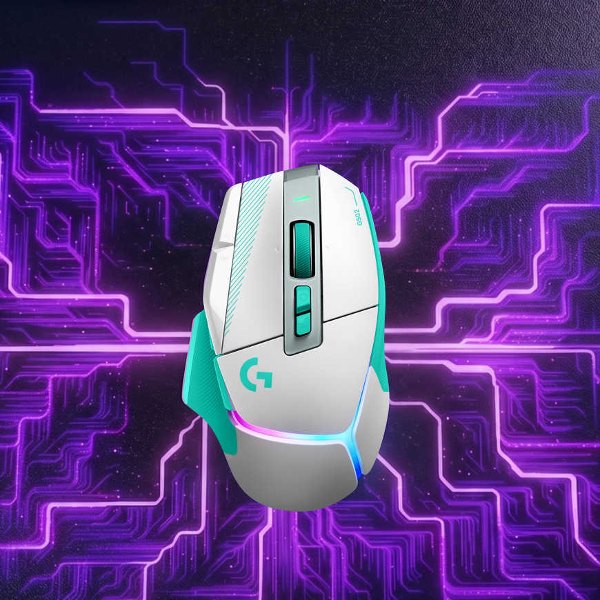 Myš Logitech G502 X Plus mentolová Myš Logitech G502 X Plus v čelním pohledu na stylizovaném technologickém pozadí s podsvícením