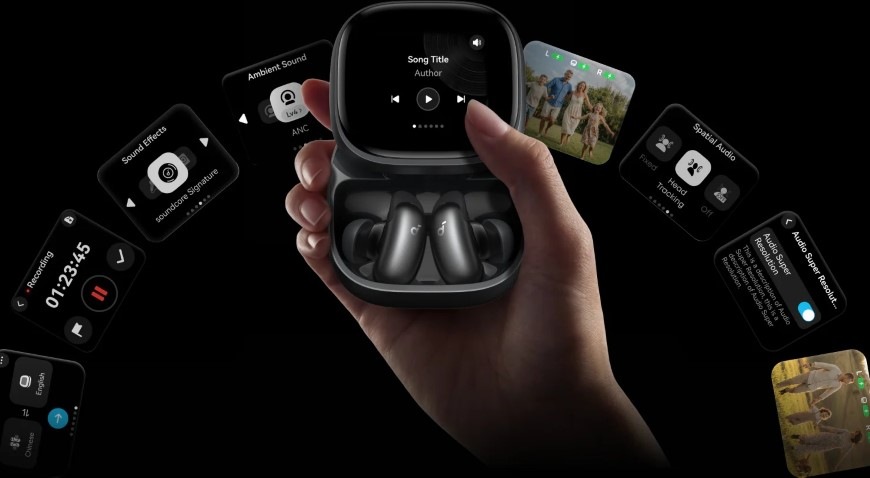 Sluchátka Anker soundcore Liberty 5 Pro Max černá Ruka svírající pouzdro s displejem od sluchátek Liberty 5 Pro Max, na pozadí detaily různých funkcí