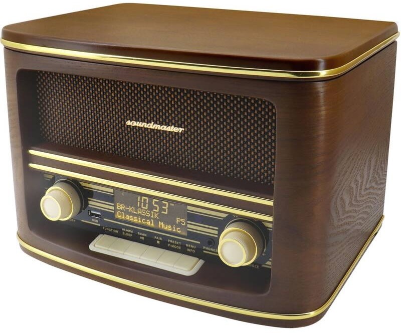  Radiopřijímač Soundmaster NR961 se zavřeným víkem a čelním retro panelem