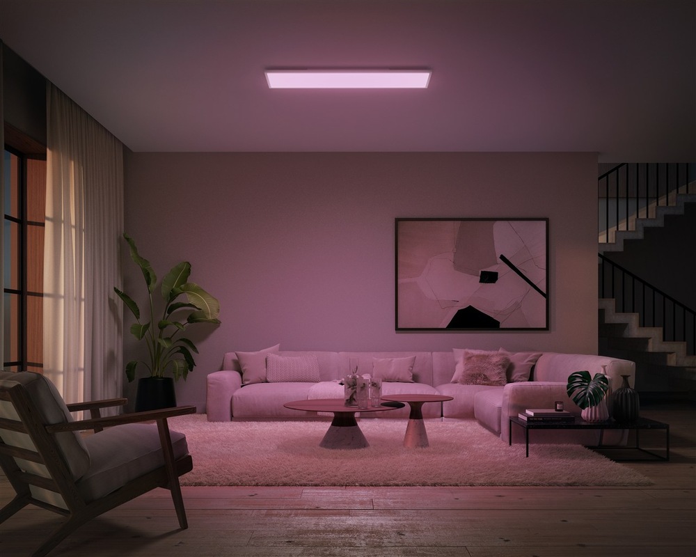 Stropní svítidlo Philips Surimu Hue Panel, 60W, 120x30 cm, White and Color Ambiance bílé Iluminace obývacího pokoje s využitím RGB