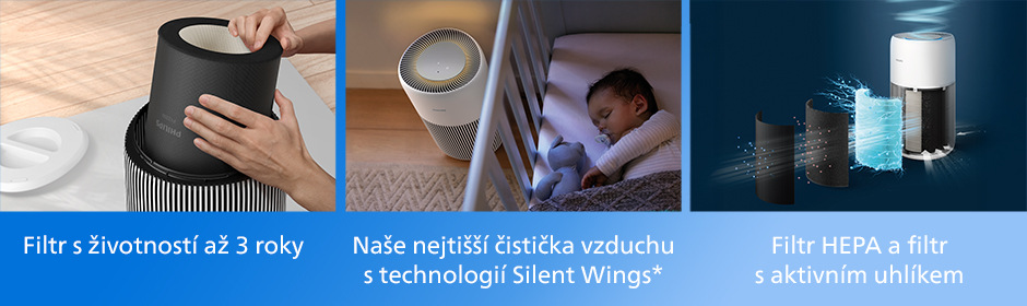 Tři obrázky s filtrem a čističkou vzduchu Philips AC2220/10 2000 Series v ložnici se spícím dítětem