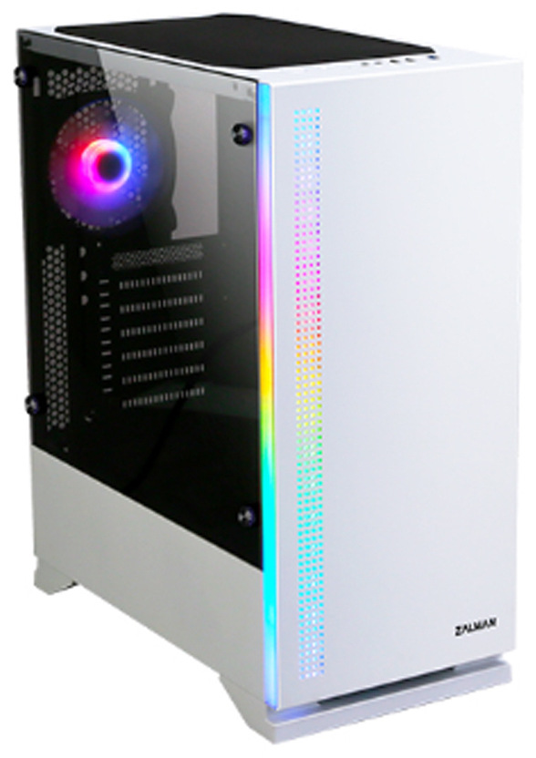 Case Zalman S5 bílá Na obrázku je PC skříň Zalman S5, bílá z šikmého pohledu. Má průhlednou bočnici, přes kterou je vidět vnitřek a svítící ventilátor (zelenomodré světlo). Přední panel je hladký a po jeho levém okraji vede úzký svislý světelný proužek, vedle kterého je svislý pás drobných otvorů pro nasávání vzduchu. Nahoře jsou vidět porty a tlačítka na horním panelu a skříň stojí na nízkých nožkách.
