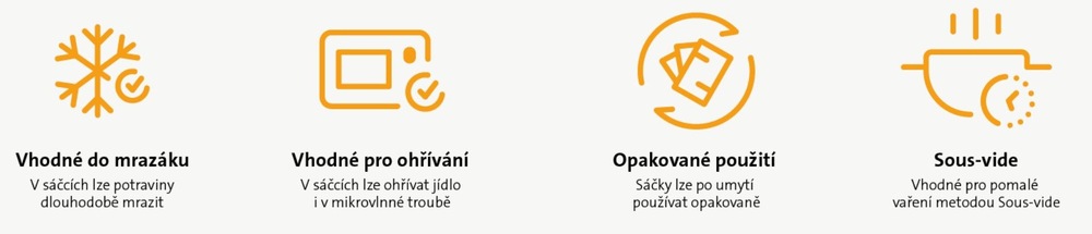 Vlastnosti vakuovacích sáčků ETA: vhodné do mrazáku pro dlouhodobé mrazení, ohřev v mikrovlnné troubě, opakované použití po umytí a možnost pomalého vaření metodou Sous-vide.