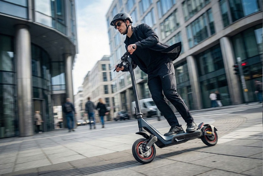 Elektrická koloběžka Sencor SCOOTER S80 černá Muž na elektrické koloběžce Sencor SCOOTER S80 projíždí městskými ulicemi. Díky robustní konstrukci a větším kolům je koloběžka vhodná pro každodenní dojíždění i svižnou jízdu po městě.