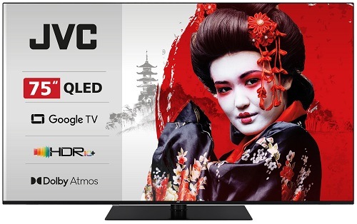 Televize JVC LT-75VGQ7535,černá, čelní pohled s vypsanými funkcemi