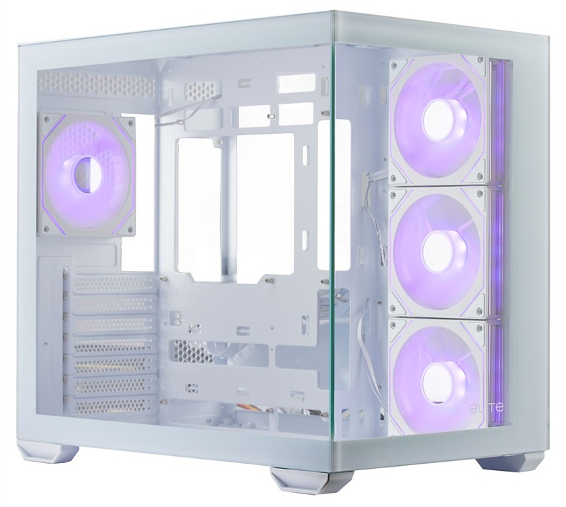 Pohled na PC skříň z úhlu. Zachycuje pohled do nitra skříně přes skleněné bočnice.