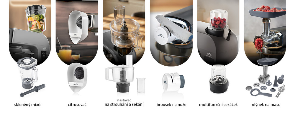 Přehled příslušenství pro kuchyňský robot ETA Gratus Kuliner II Vario. Infografika ukazuje 6 nástavců v akci a jejich samostatné produktové foto s popisky: skleněný mixér na smoothie, citrusovač na džus, nástavec na strouhání a sekání (food processor), brousek na nože, multifunkční sekáček na ovoce a masivní mlýnek na maso s příslušenstvím