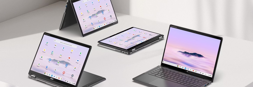 Notebook Acer Chromebook Plus Spin 514 (CP514-4HN-374W) šedý Notebook Acer Chromebook Plus Spin 514 zobrazený v režimu notebooku, stojanu, tabletu i prezentace