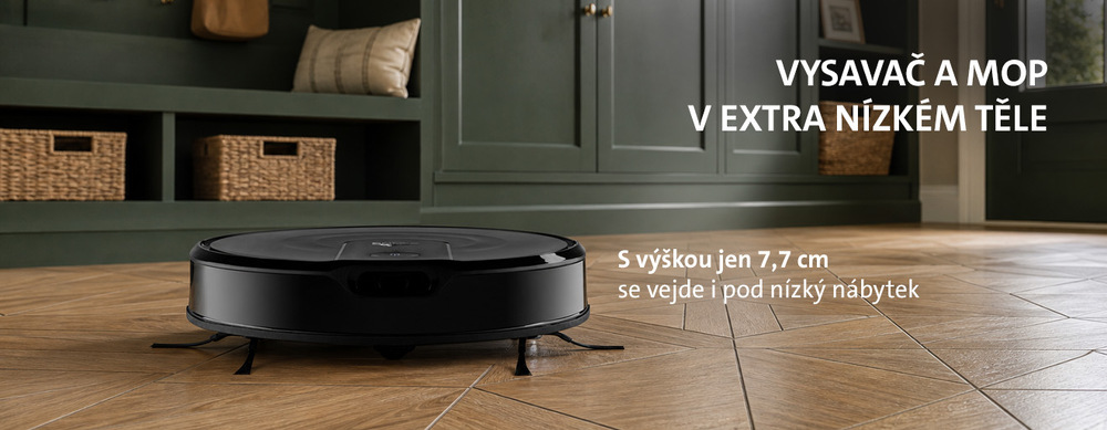 Robotický vysavač ETA Swing 4123 90000 černý Nízký černý robotický vysavač ETA Swing a mop s výškou 7,7 cm na dřevěné podlaze v moderním interiéru.