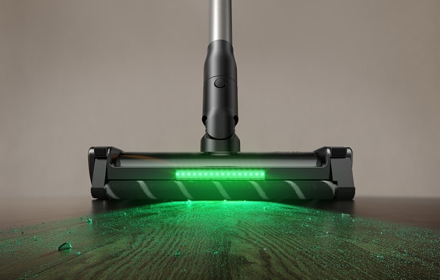 Tyčový vysavač MOVA G70 černý/stříbrný Detail hubice na tyčovém vysavači G70 vybavené LED světlem