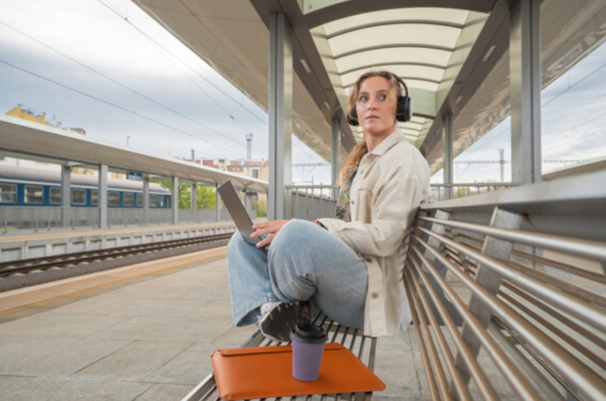 Žena používá sluchátka Sencor SEP PANNION na nádraží