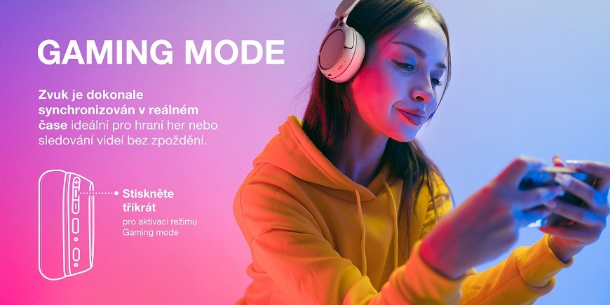 Žena hraje hru na telefonu a má na uších bezdrátová sluchátka Hyundai HBTM 50RT. Grafika zdůrazňuje režim Gaming Mode, která zajišťuje dokonalou synchronizaci zvuku bez zpoždění, aktivovanou trojitým stisknutím tlačítka