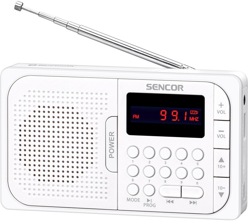 Přenosné rádio Sencor s teleskopickou anténou a FM displejem, boční pohled.
