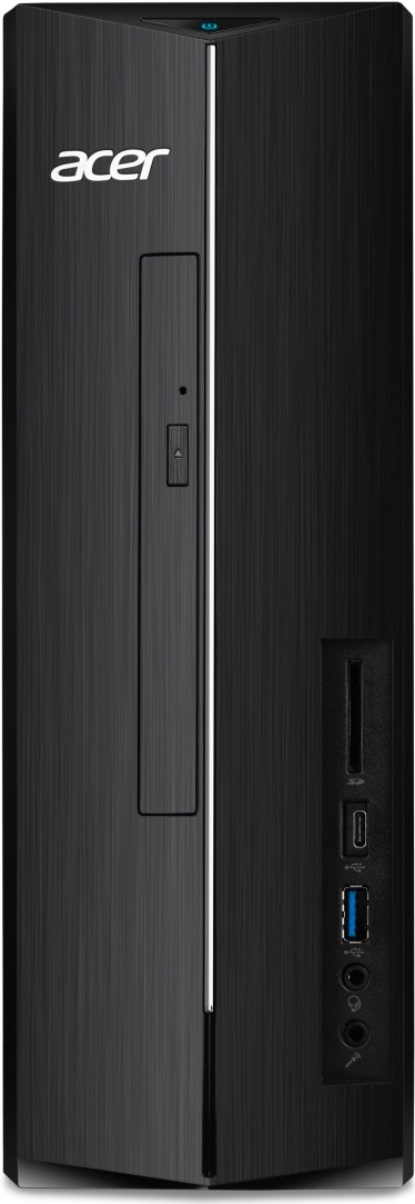 Stolní počítač Acer Aspire XC-1715 černý Na obrázku je stolní počítač Acer Aspire XC-1715 z čelního pohledu. Má úzkou černou skříň s jemně rýhovaným povrchem, bílým logem Acer a svislou stříbrnou linkou uprostřed. V levé části je optická mechanika, vpravo čtečka paměťových karet, USB-C, USB-A a dva audio konektory. Nahoře je modře podsvícené tlačítko napájení.