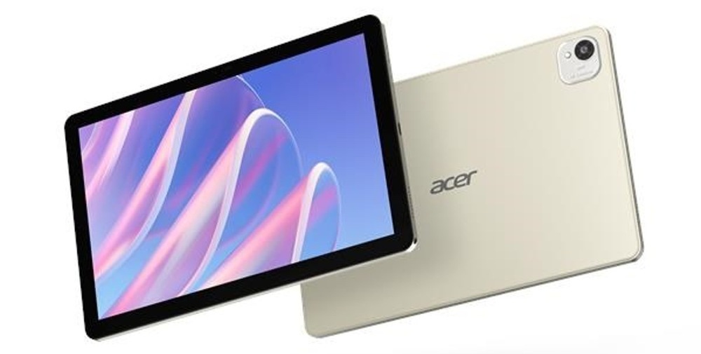 Dotykový tablet Acer Iconia A10 (A10-31M-A4V5) 4 GB / 128 GB stříbrný Tablet Acer Iconia A10 (A10-31M-A4V5) zepředu a za ním tablet zezadu