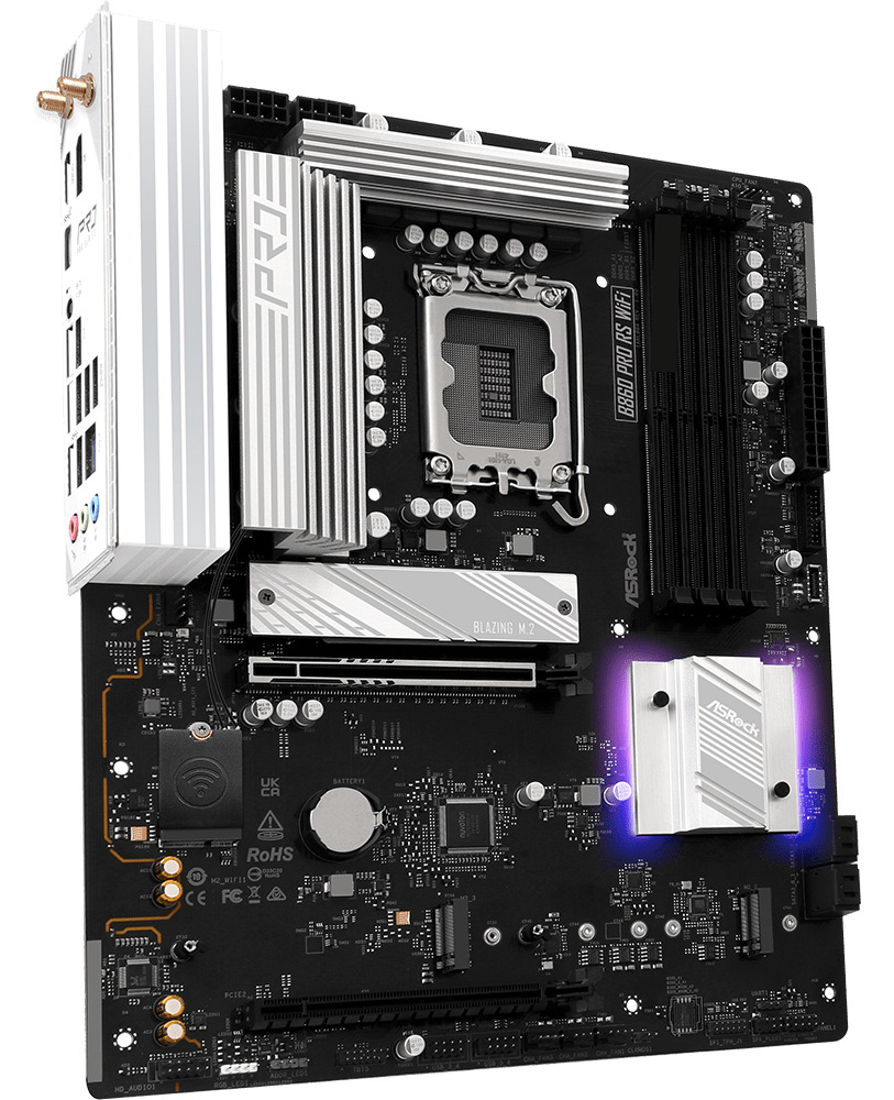 Základní deska ASRock B860 Pro RS WiFi v černo-bílém provedení s podporou procesorů Intel a DDR5