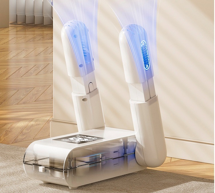 Vysoušeč obuvi Helmer UV 02 stojí na podlaze a vyzařuje modré UV světlo